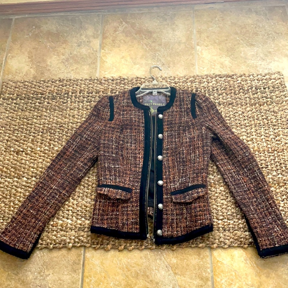 Free People Brown Tweed Blazer with Black Trim